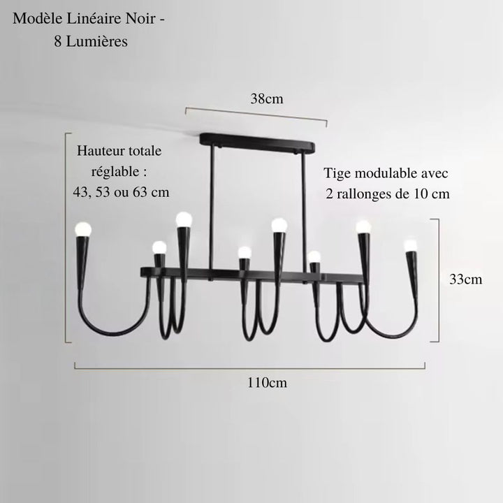 Plan du lustre linéaire noir à huit ampoules et bras incurvés, de 110 cm de long, au style graphique minimaliste.
