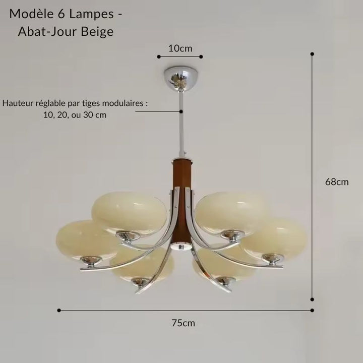 Lustre mid century à 6 abat-jour en verre beige et bras courbes, avec hauteur réglable par tiges modulaires