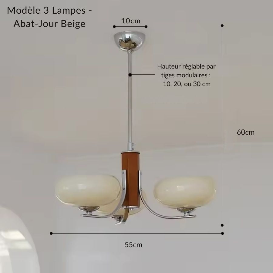 Modèle 3 lampes du lustre mid century modern à verre beige, bras courbes et silhouette rétro élégante