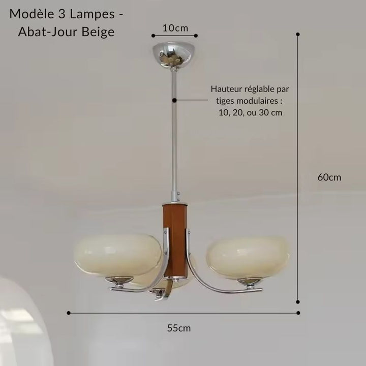Modèle 3 lampes du lustre mid century modern à verre beige, bras courbes et silhouette rétro élégante