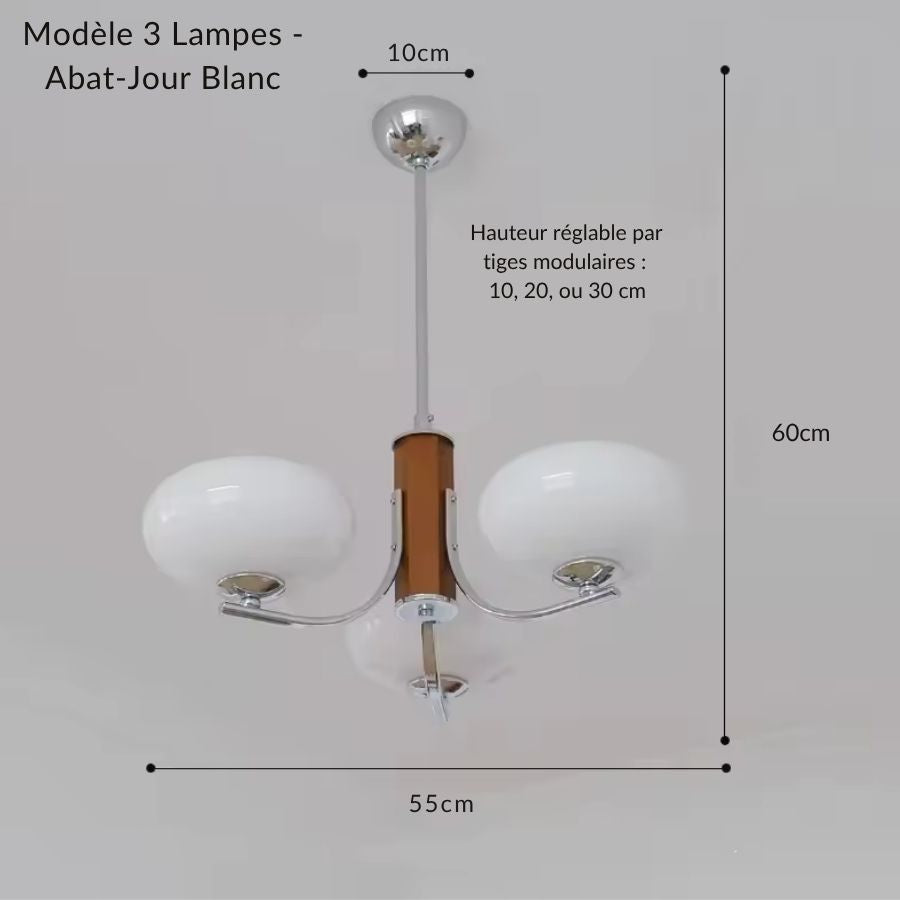 Version 3 lampes en verre blanc d’un lustre mid century modern aux bras courbes et au design rétro épuré