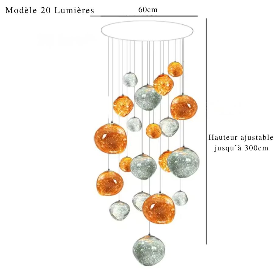 Lustre monumental à 20 boules lumineuses ambrées et argentées, avec rosace de 60 cm et hauteur réglable jusqu'à 300 cm.