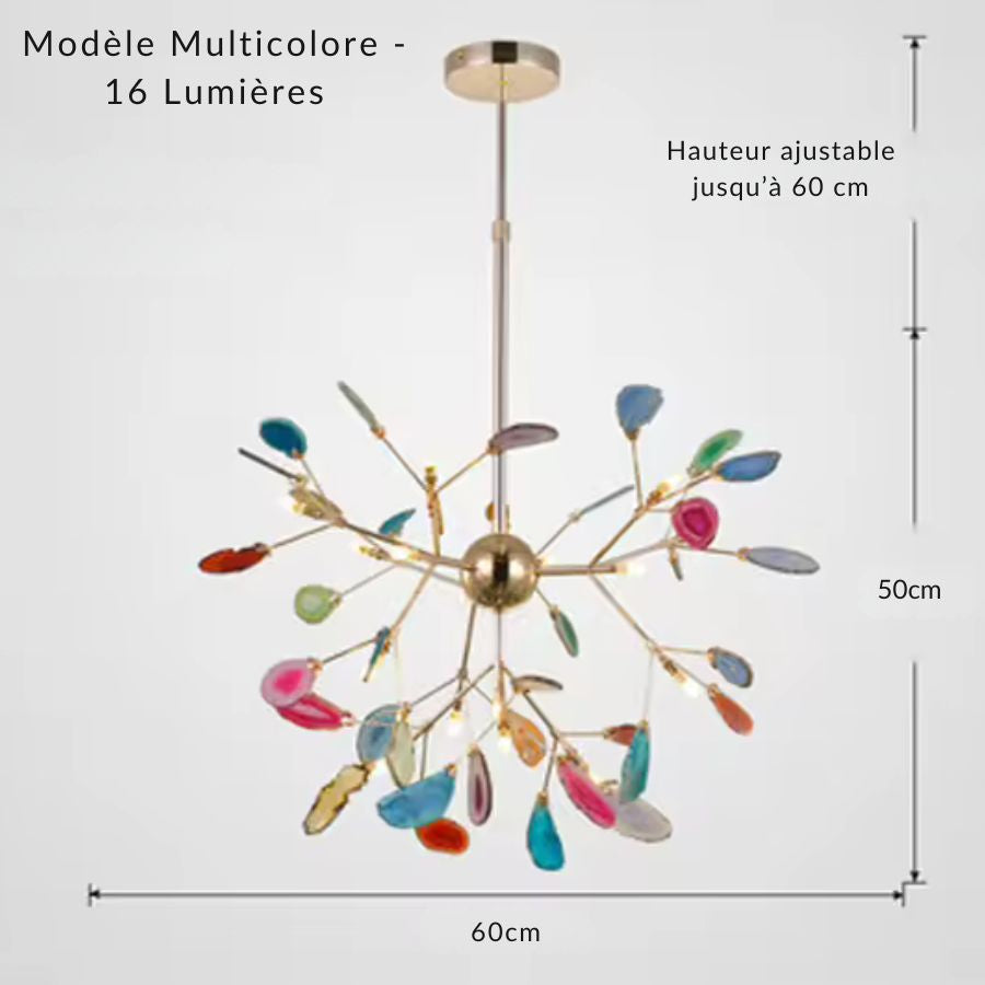 Lustre multicolore à 16 lumières avec éclats d’agate naturelle et branches dorées au style organique