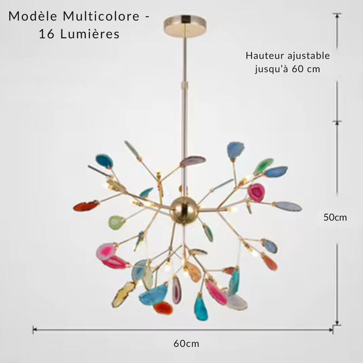 Lustre multicolore à 16 lumières avec éclats d’agate naturelle et branches dorées au style organique
