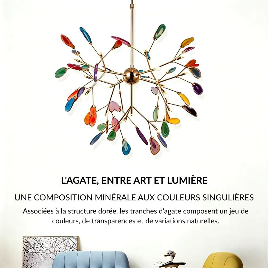 Lustre multicolore en agate naturelle et métal doré, composition minérale inspirée des branches d’un arbre