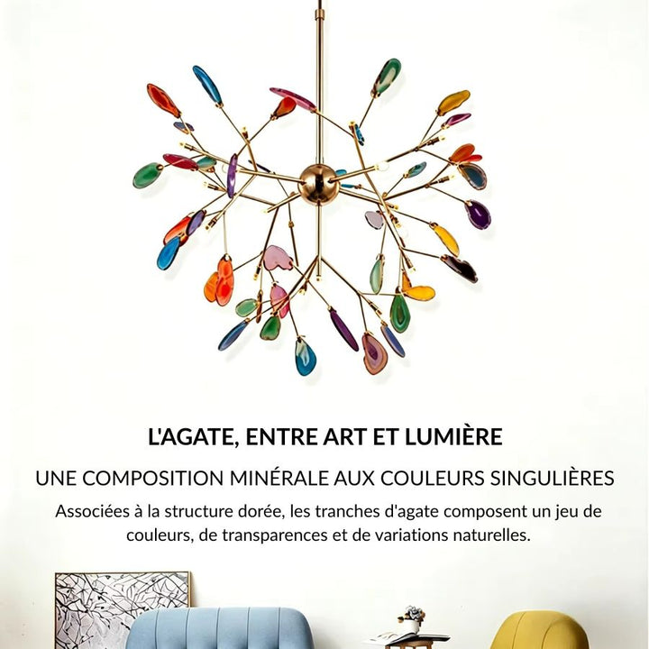Lustre multicolore en agate naturelle et métal doré, composition minérale inspirée des branches d’un arbre