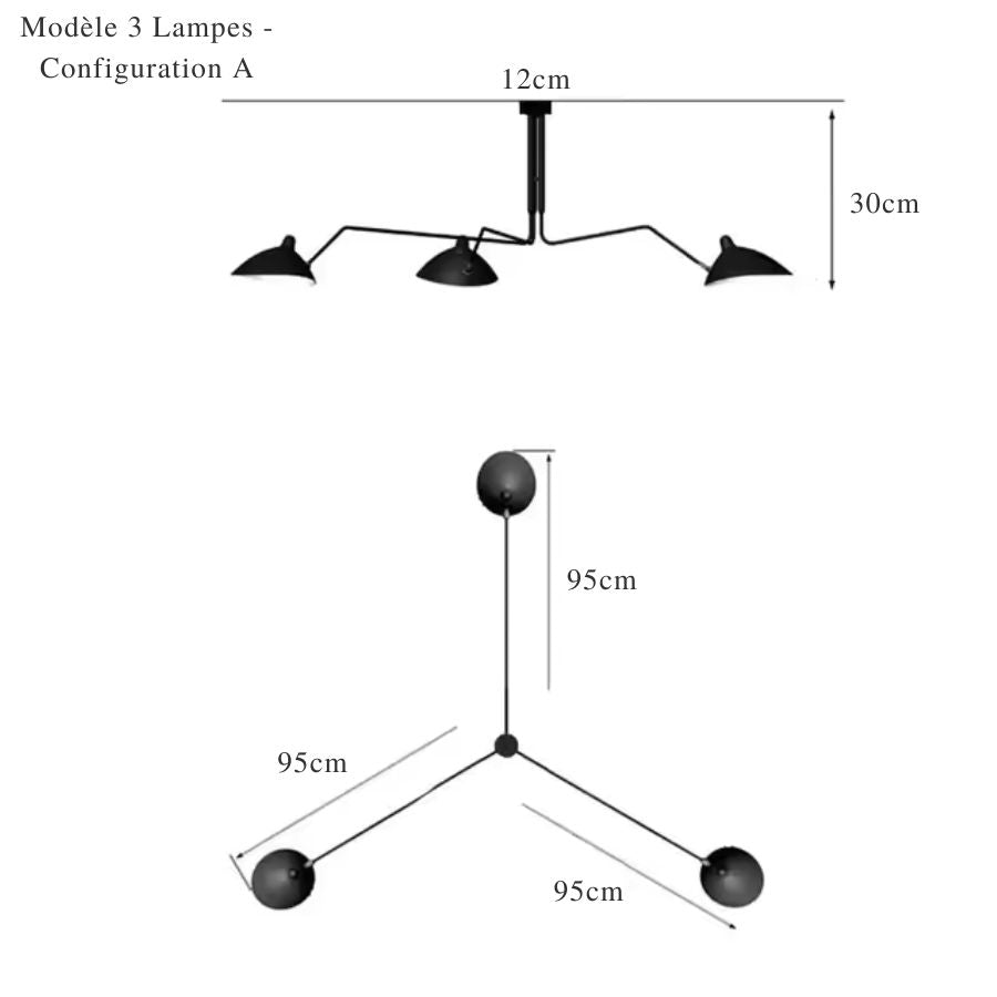 Schéma du lustre noir à trois coupoles, configuration A, avec bras de 95 cm et hauteur de 30 cm.