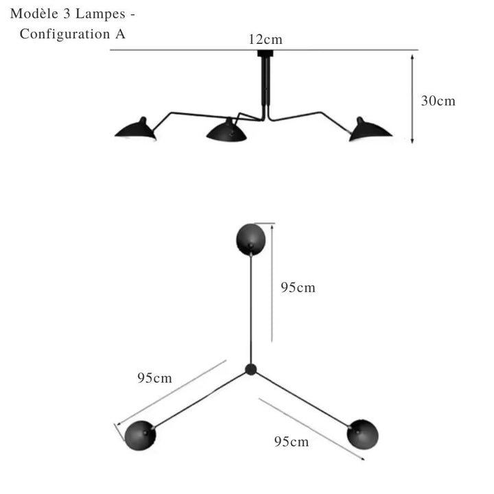 Schéma du lustre noir à trois coupoles, configuration A, avec bras de 95 cm et hauteur de 30 cm.