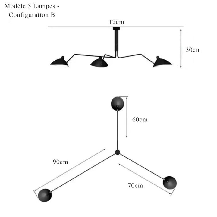 Dimensions du plafonnier rétro à trois bras métalliques, configuration B, avec longueurs de 60, 70 et 90 cm.