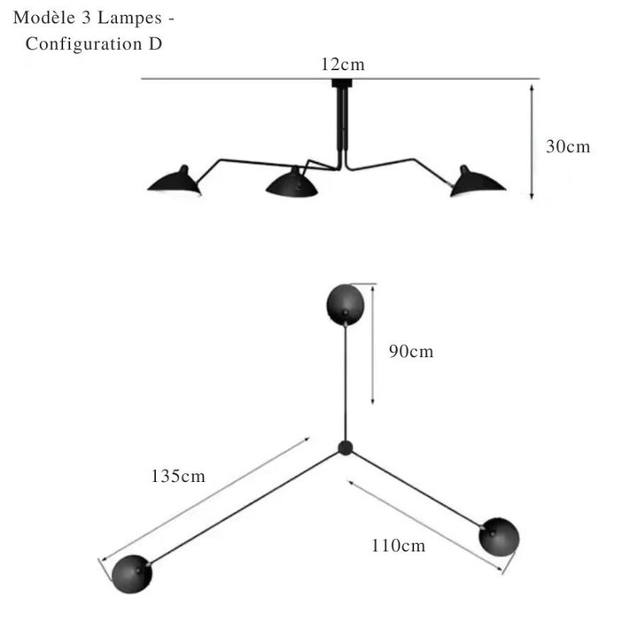 Version D du lustre noir à trois abat-jour métalliques, avec bras rayonnants de 90, 110 et 135 cm.