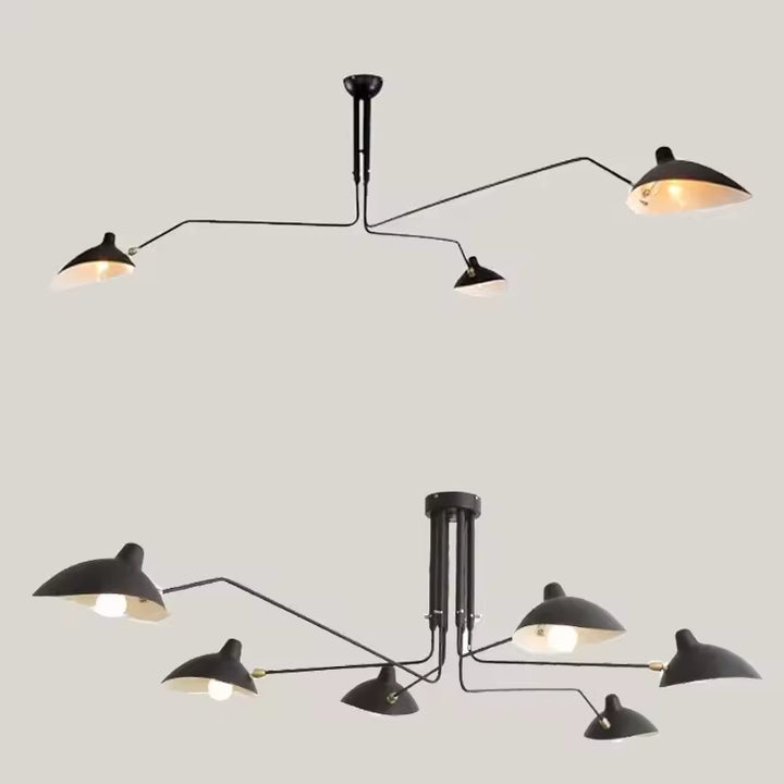 Deux modèles de lustres noirs à trois et six bras rayonnants, avec coupoles métalliques et silhouette graphique d'esprit vintage.