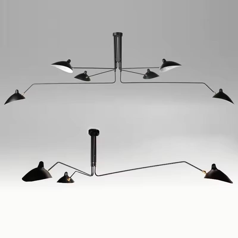 Versions à six et trois lumières d'un lustre noir aux longs bras asymétriques et coupoles évasées, de style rétro minimaliste.