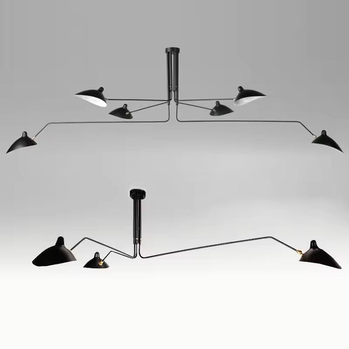 Versions à six et trois lumières d'un lustre noir aux longs bras asymétriques et coupoles évasées, de style rétro minimaliste.