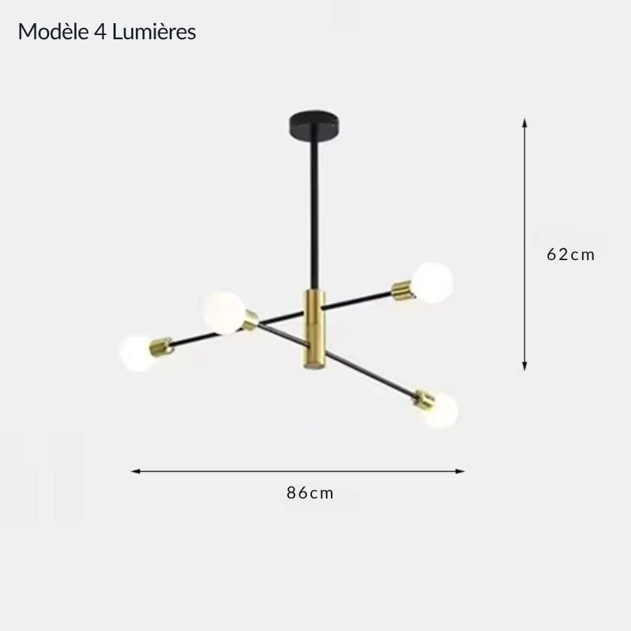 Lustre noir et doré à 4 ampoules sur bras rayonnants, modèle de 86 cm au design moderne et graphique
