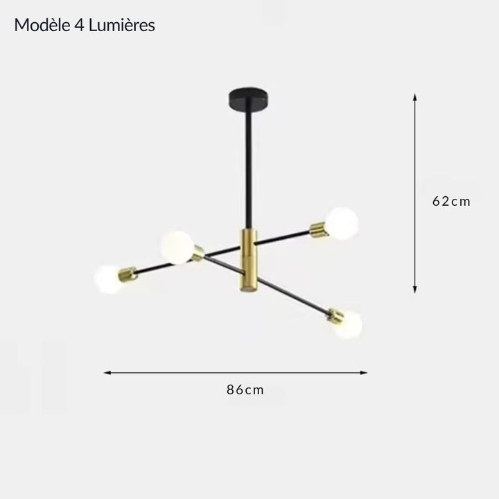 Lustre noir et doré à 4 ampoules sur bras rayonnants, modèle de 86 cm au design moderne et graphique