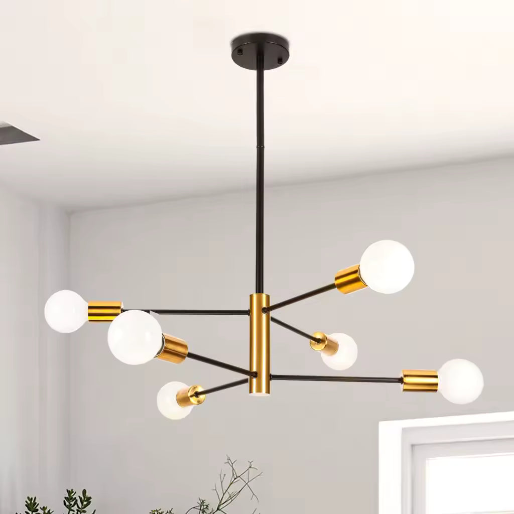 Lustre noir et doré à 6 ampoules apparentes et bras rayonnants, au style contemporain graphique et équilibré