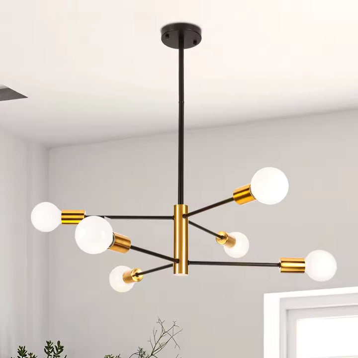 Lustre noir et doré à 6 ampoules apparentes et bras rayonnants, au style contemporain graphique et équilibré