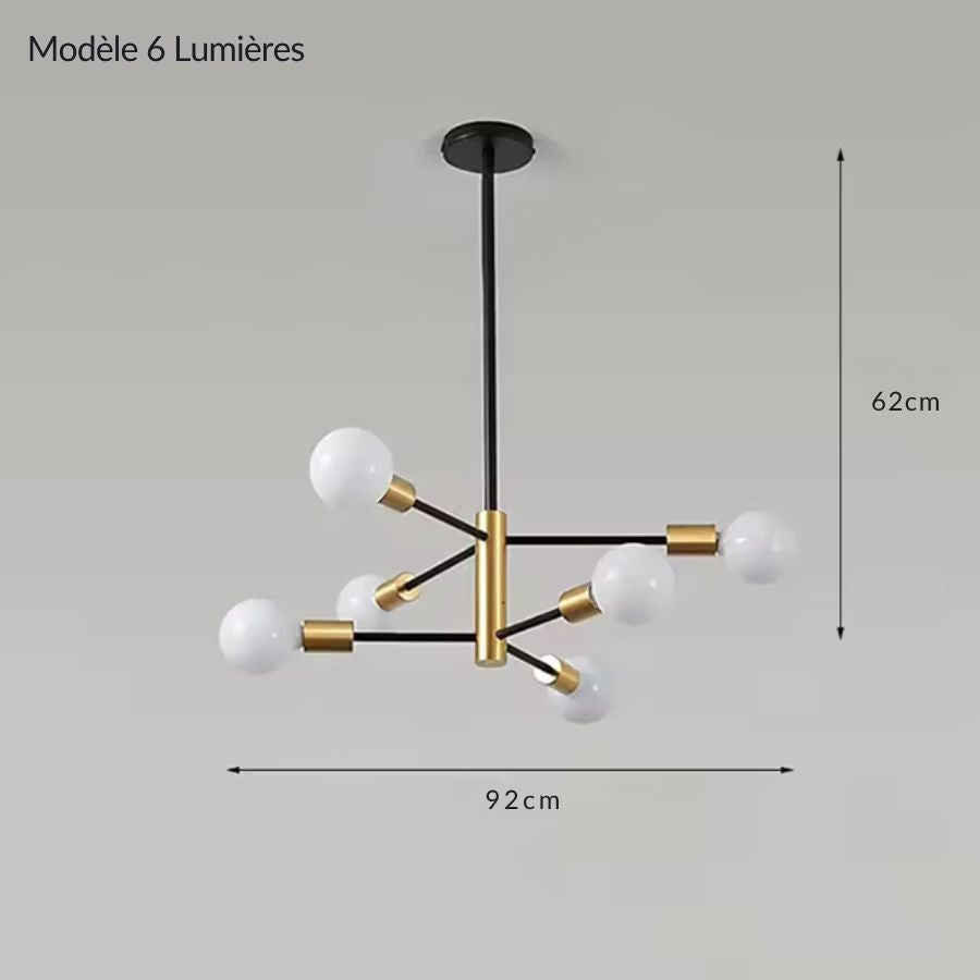 Version 6 lumières du lustre noir et doré à bras asymétriques, large de 92 cm et haute de 62 cm