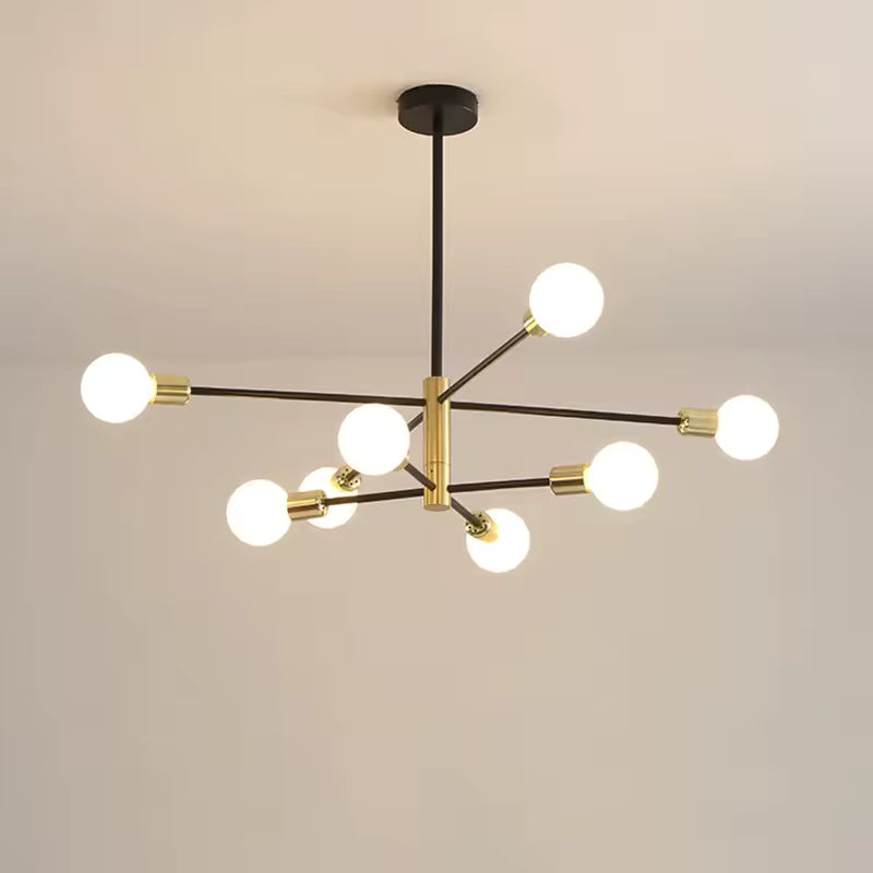 Lustre noir et doré à 8 ampoules apparentes et bras rayonnants, au design vintage, moderne et graphique