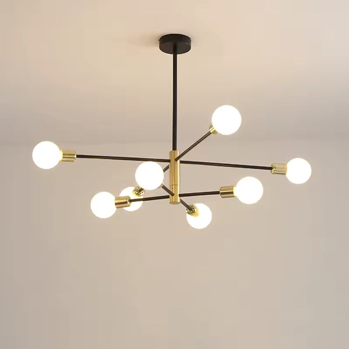 Lustre noir et doré à 8 ampoules apparentes et bras rayonnants, au design vintage, moderne et graphique