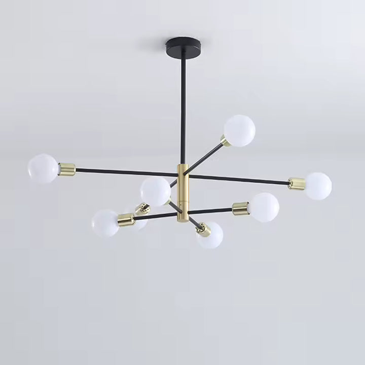 Lustre noir et doré à 8 ampoules apparentes et bras asymétriques, au design contemporain et sculptural