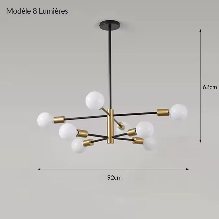 Modèle 8 ampoules du lustre noir et doré, avec structure rayonnante de 92 cm au style contemporain