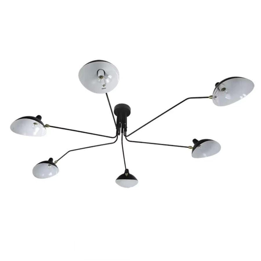 Vue de dessous d'un lustre noir à six bras rayonnants et coupoles blanches, au design graphique inspiré du style Sputnik.