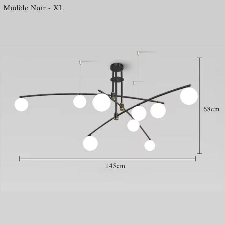 Dimensions du lustre noir XL de 145 × 68 cm, avec bras asymétriques et globes en verre blanc au design contemporain.