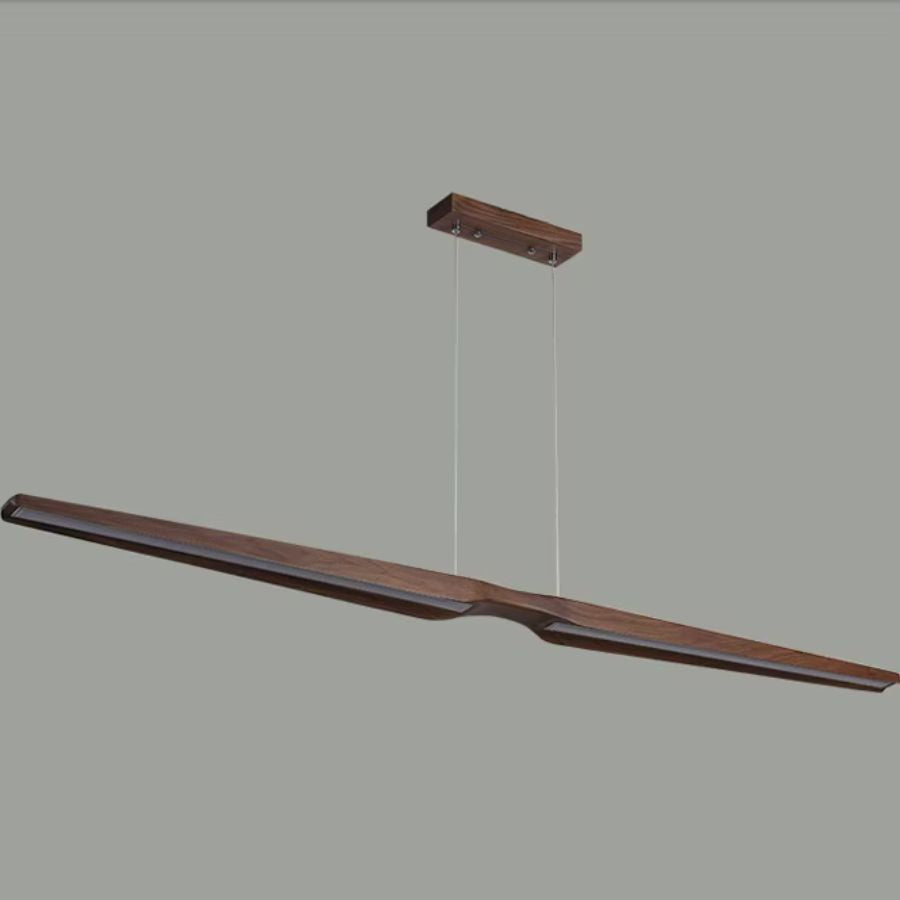 Lustre noyer LED long au dessin organique, avec ligne sculpturale fine et finition bois marron foncé