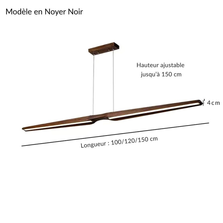 Dimensions du lustre LED en noyer noir au design contemporain, avec hauteur ajustable