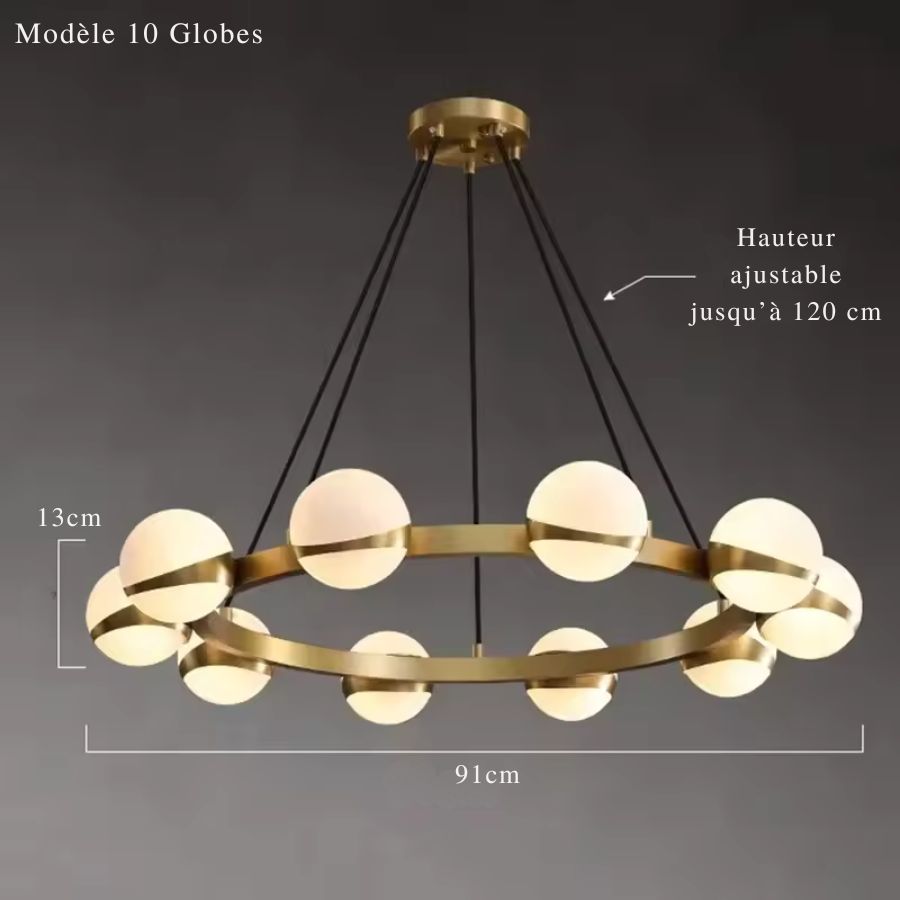 Grande couronne dorée de 91 cm à 10 globes lumineux, dans un esprit design contemporain et sculptural