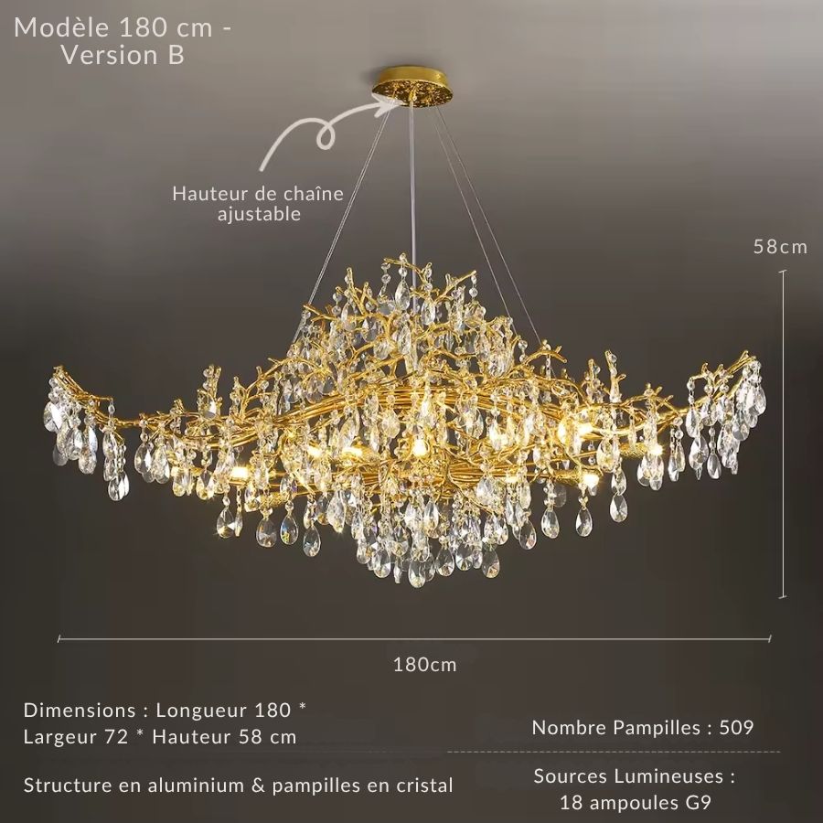 Format spectaculaire de 180 cm pour ce lustre en cristal aux branches dorées et à l'allure organique luxueuse