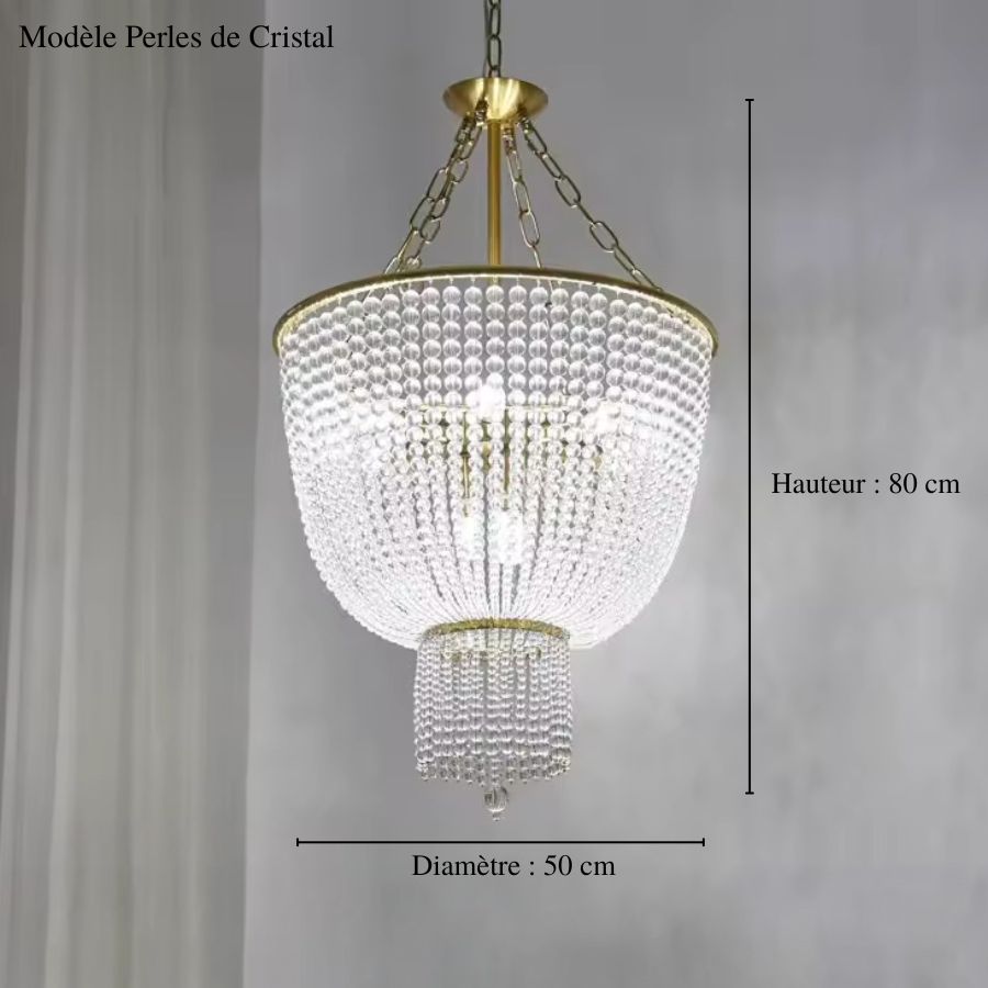 Dimensions du lustre à perles de cristal au style Art déco, avec cascade scintillante et monture dorée de 50 cm de diamètre.