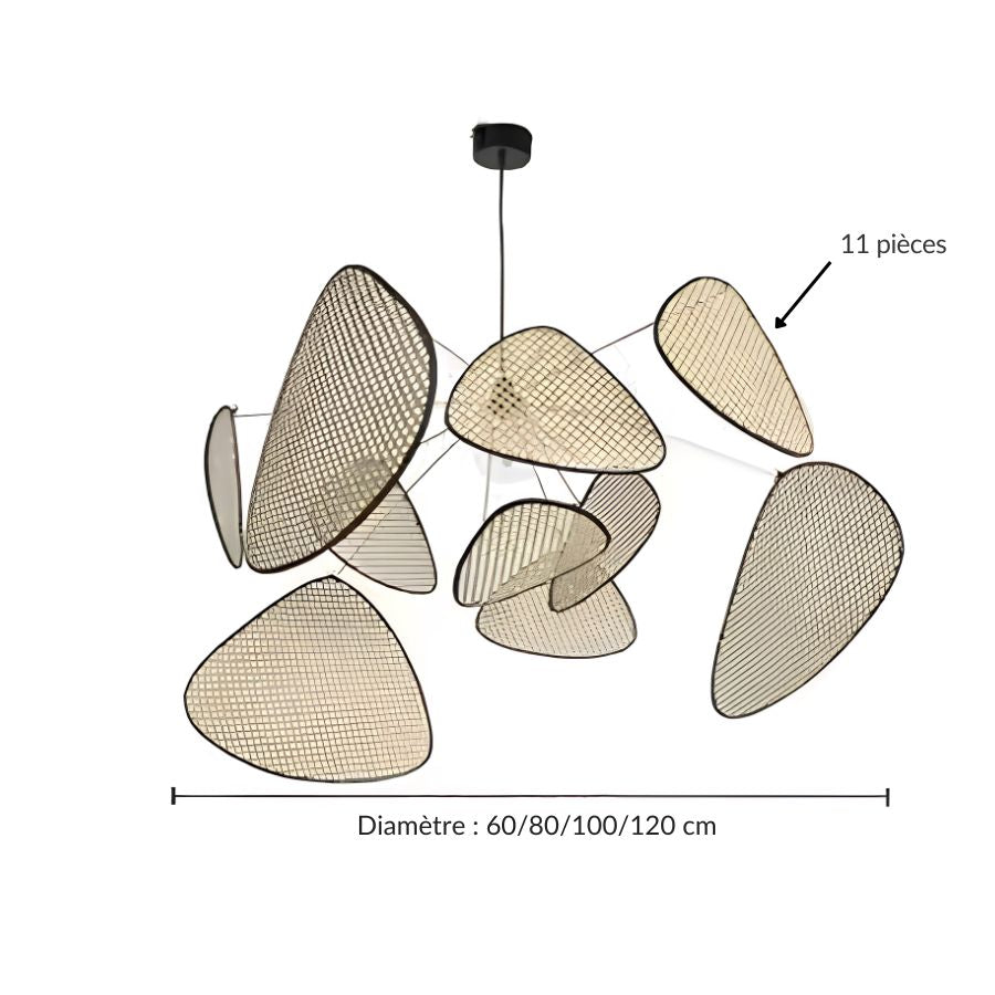 Lustre en fibres tressées à 11 pétales, présenté en diamètres 60, 80, 100 et 120 cm