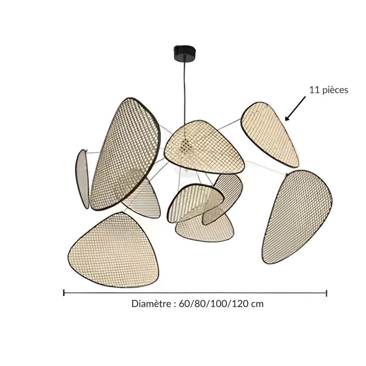Lustre en fibres tressées à 11 pétales, présenté en diamètres 60, 80, 100 et 120 cm