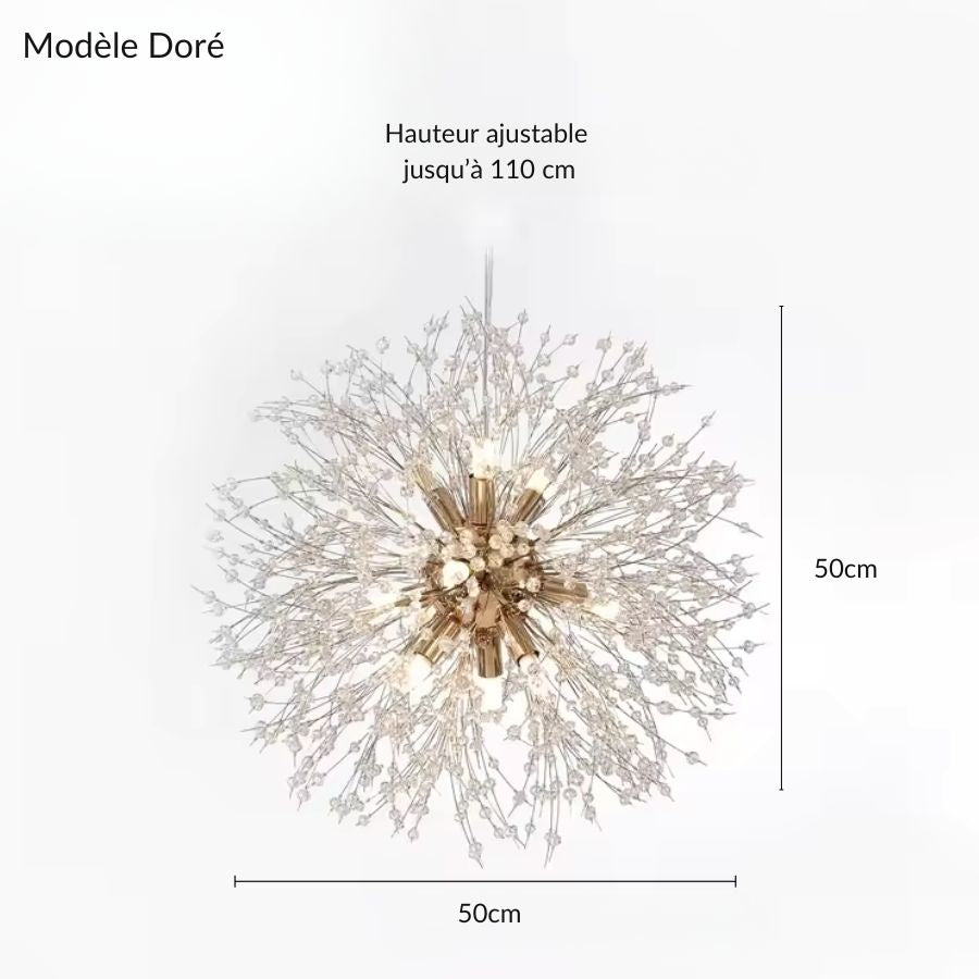 Modèle doré du lustre pissenlit à perles transparentes, diamètre 50 cm et hauteur ajustable