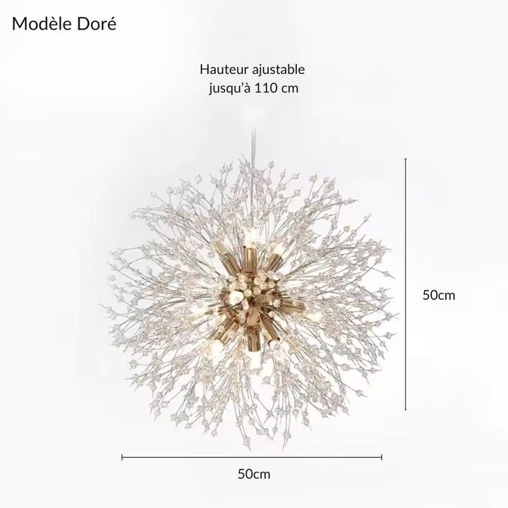 Modèle doré du lustre pissenlit à perles transparentes, diamètre 50 cm et hauteur ajustable