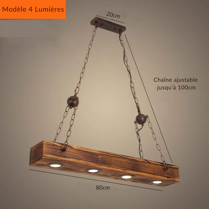 Lustre en bois de 80 cm à quatre spots encastrés, suspendu par chaînes métalliques dans un esprit atelier