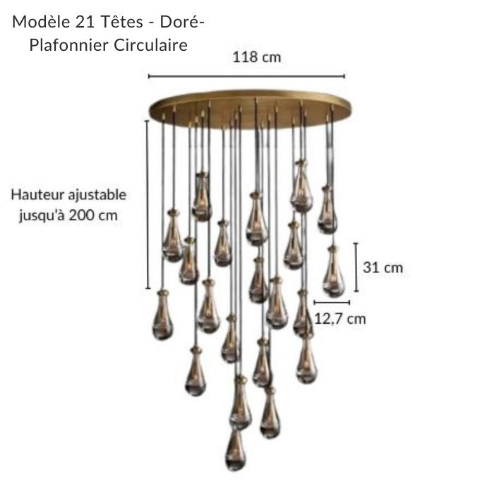 Lustre rond luxueux avec finition dorée et grappe de gouttes d'eau en verre, créant un éclairage sublime.