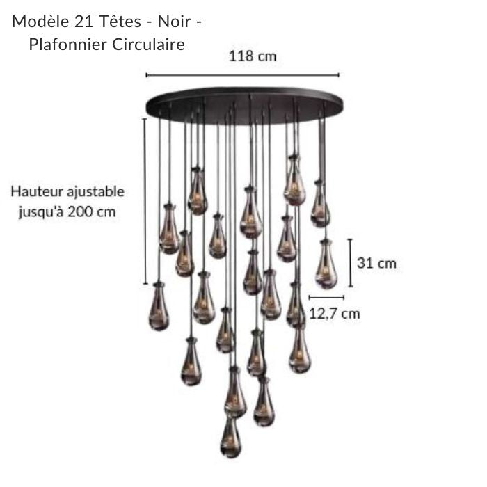 Lustre rond imposant avec structure noire et cascade de gouttes d'eau en verre, style art déco moderne.