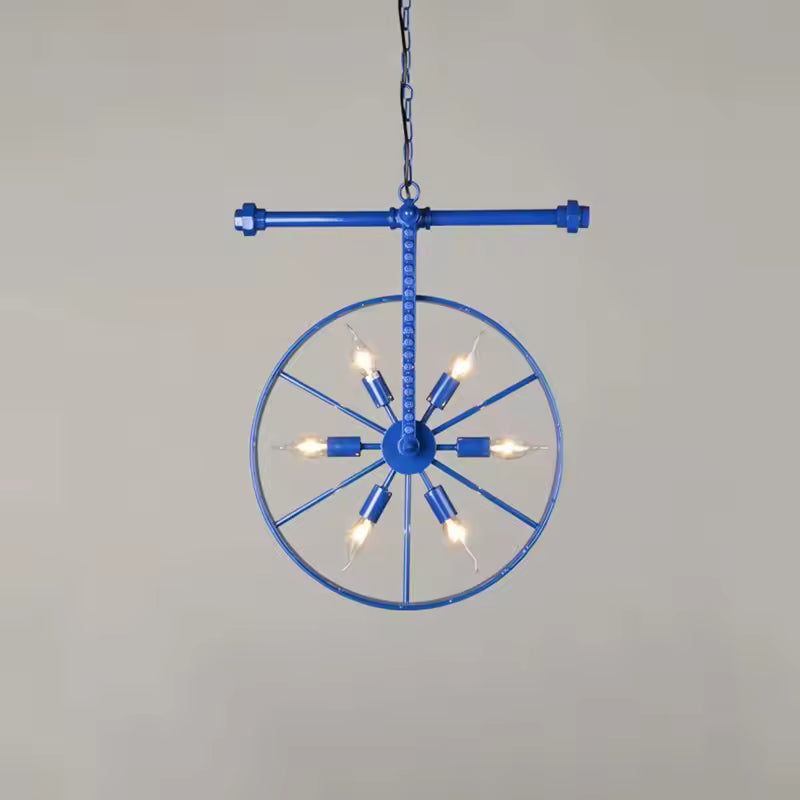 Modèle bleu en forme de roue verticale avec 6 lumières apparentes, inspiré du style industriel rétro et atelier