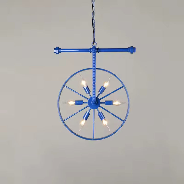 Modèle bleu en forme de roue verticale avec 6 lumières apparentes, inspiré du style industriel rétro et atelier