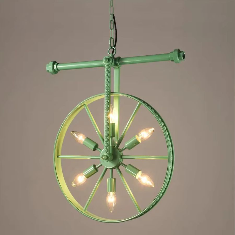 Roue métallique verte suspendue avec 6 ampoules apparentes, dans un style vintage industriel au caractère original