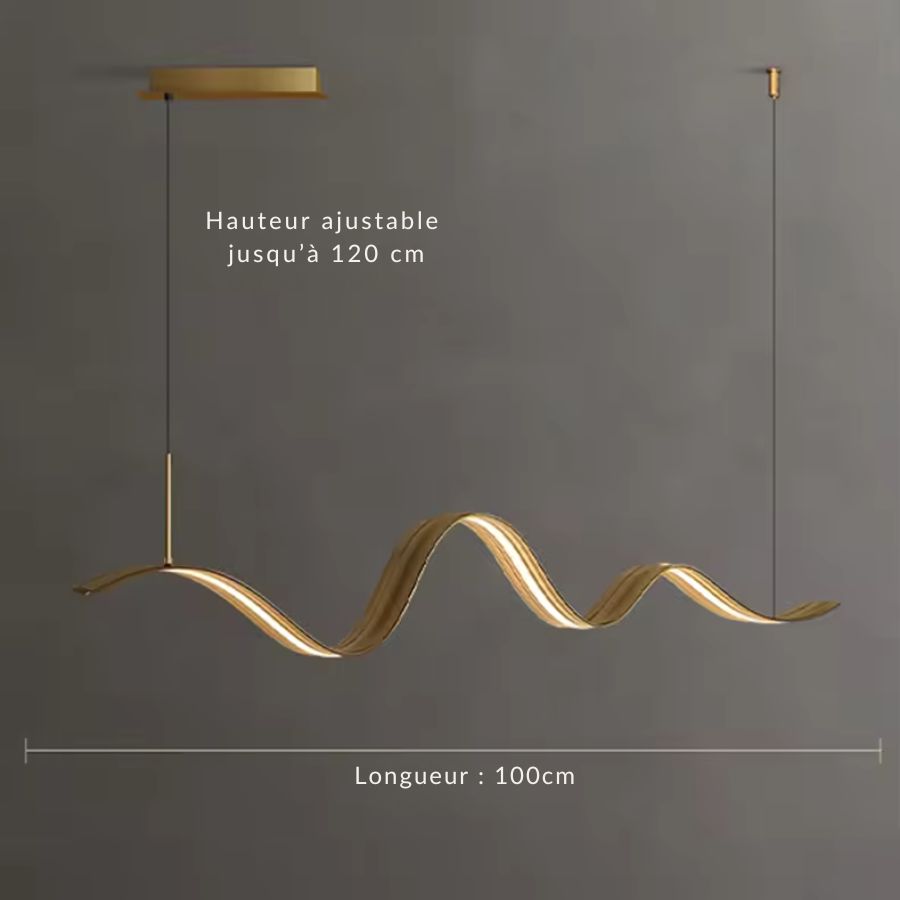 Lustre ruban LED doré de 100 cm, aux ondulations fluides et à hauteur réglable jusqu’à 120 cm