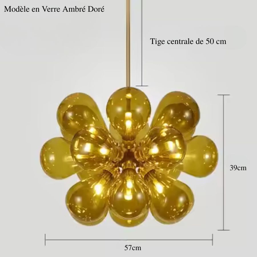 Dimensions du lustre vintage à 18 globes en verre ambré doré, d'inspiration années 70, mesurant 57 cm de diamètre.