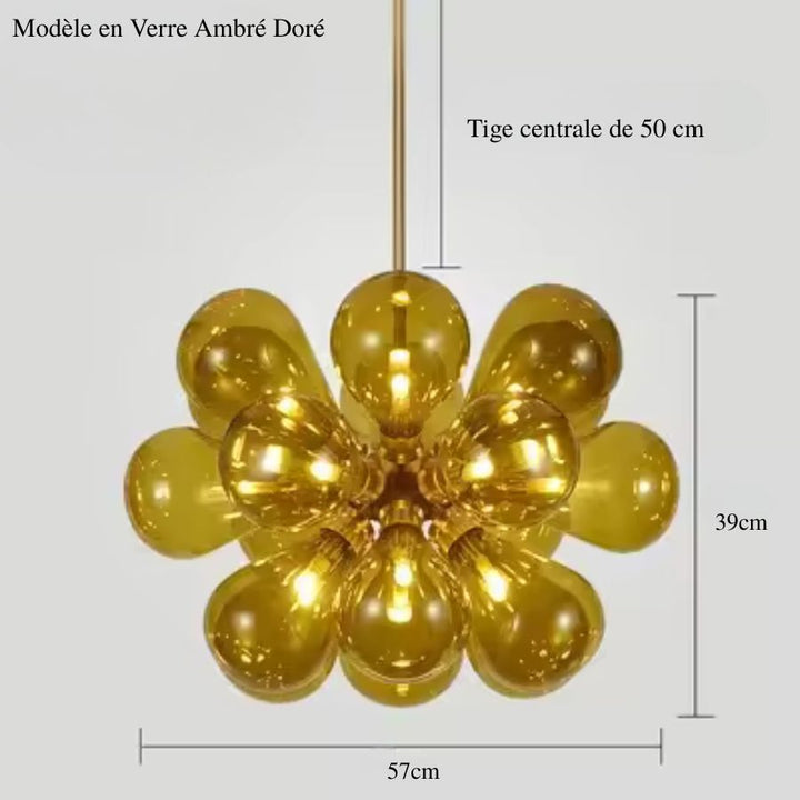 Dimensions du lustre vintage à 18 globes en verre ambré doré, d'inspiration années 70, mesurant 57 cm de diamètre.