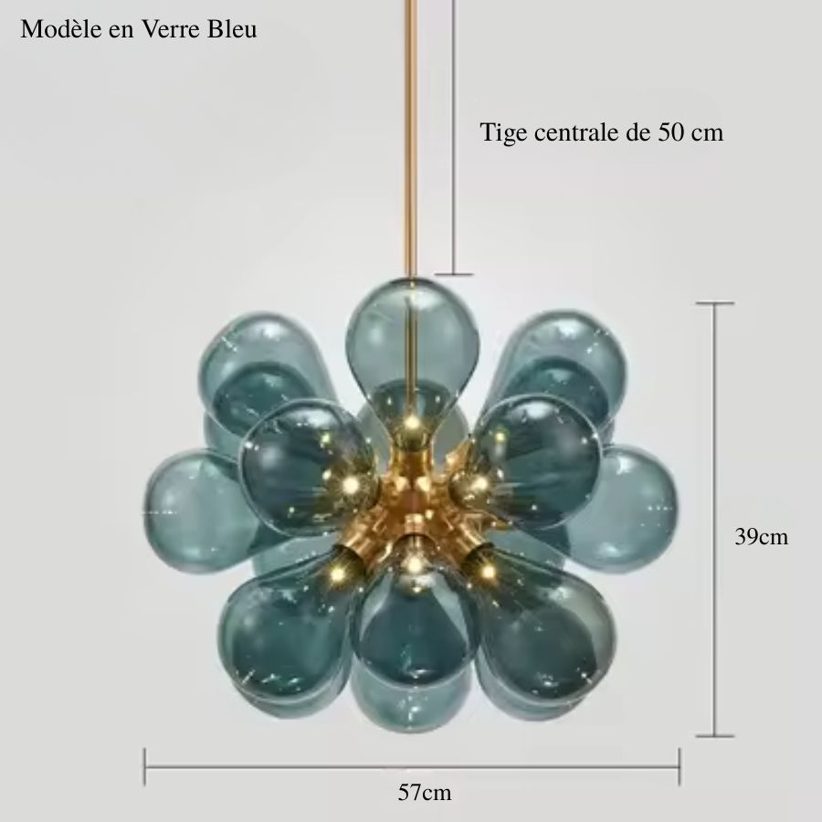 Lustre design à 18 globes en verre bleu translucide, de style organique, avec structure dorée et diamètre de 57 cm.