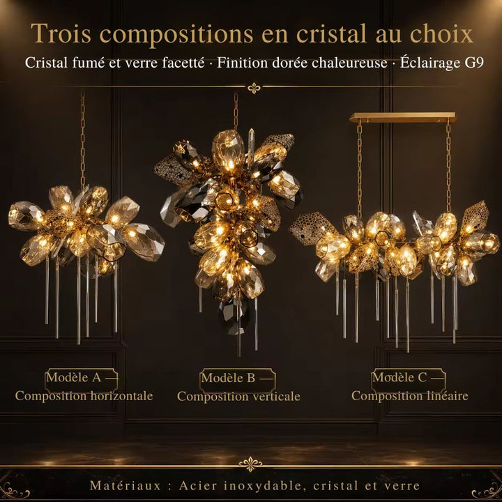 Trois compositions de lustre sculptural en cristal fumé et doré, au style luxueux, floral et contemporain.