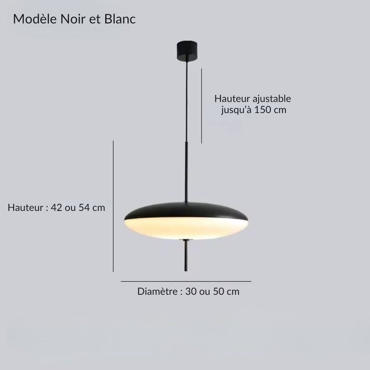 Lustre soucoupe volante noir et blanc, disponible en 30 ou 50 cm avec hauteur réglable jusqu’à 150 cm
