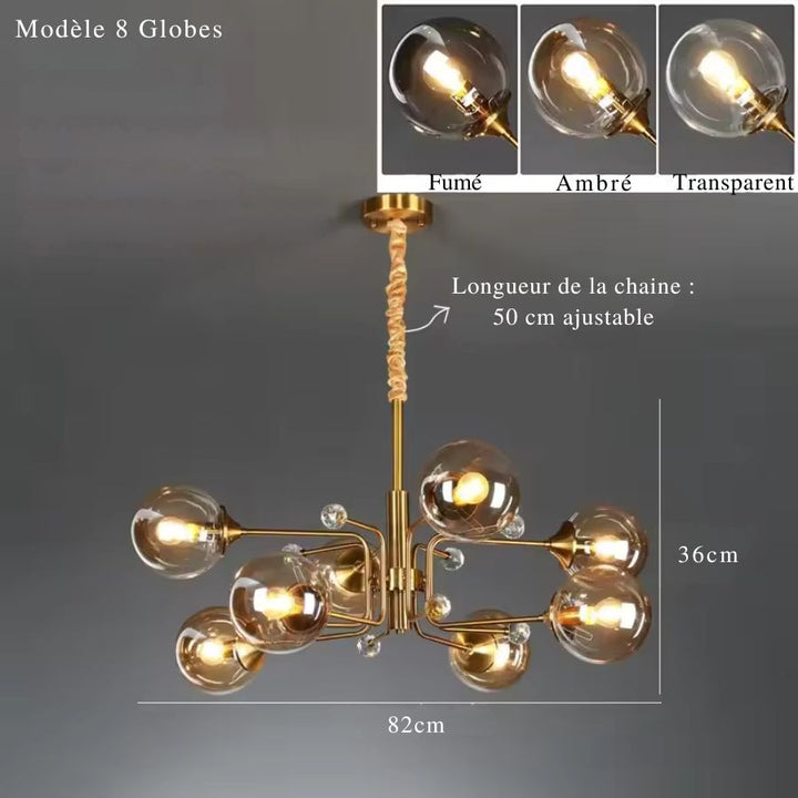 Schéma du lustre Spoutnik à 8 globes en verre et bras dorés, au design Mid-Century, mesurant 82 cm de large.
